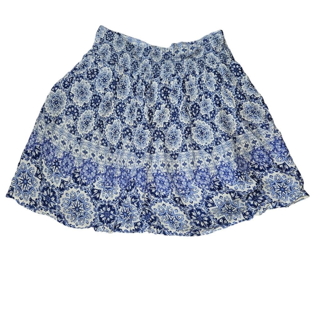 Japna Spring Floral Blue and White Boho Print Mini Skirt with Pockets M Medium
